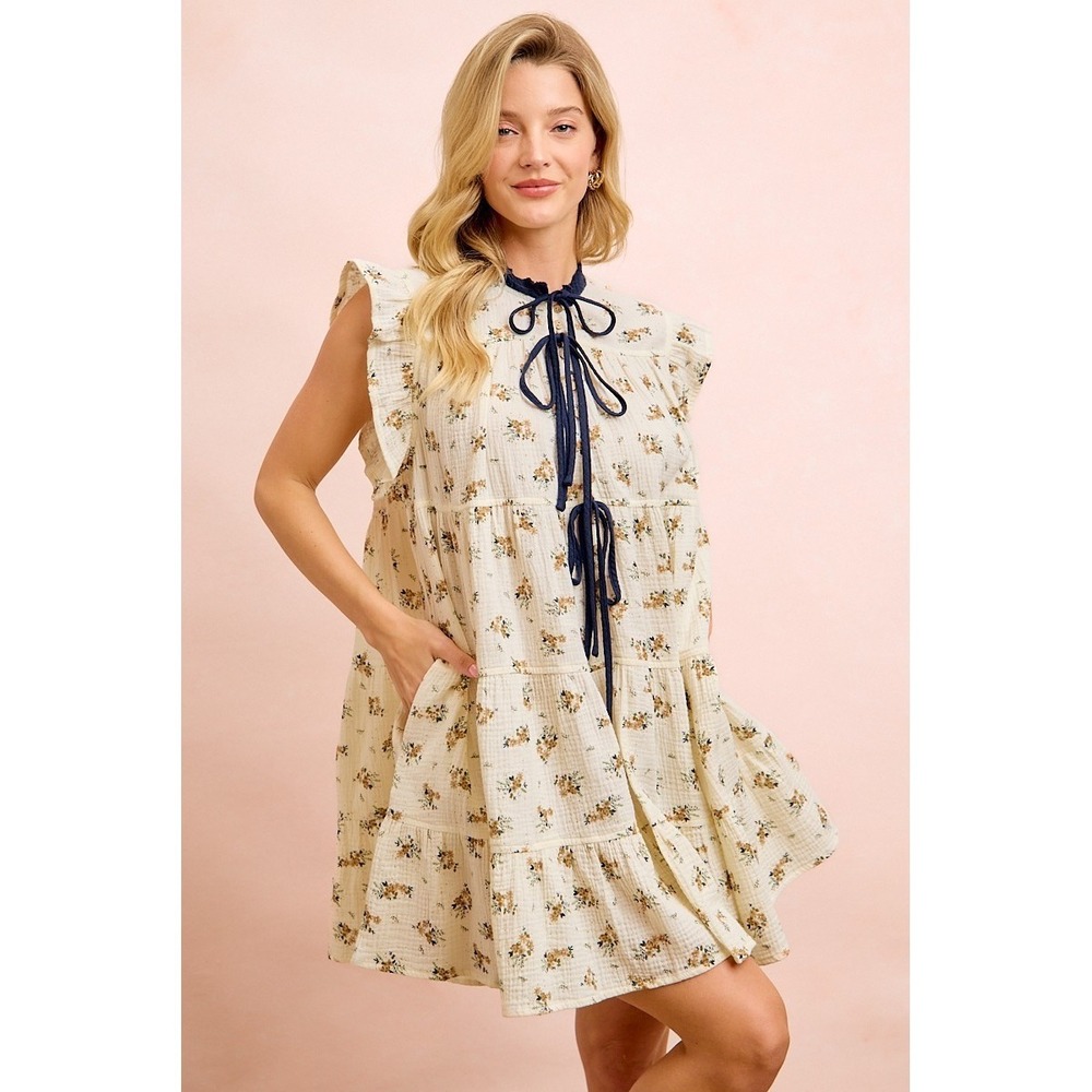 BiBi Floral Multi-tierd Dress With Ruffles And Front Tie - Oatmeal/Navy - Large - Picture 10 of 16